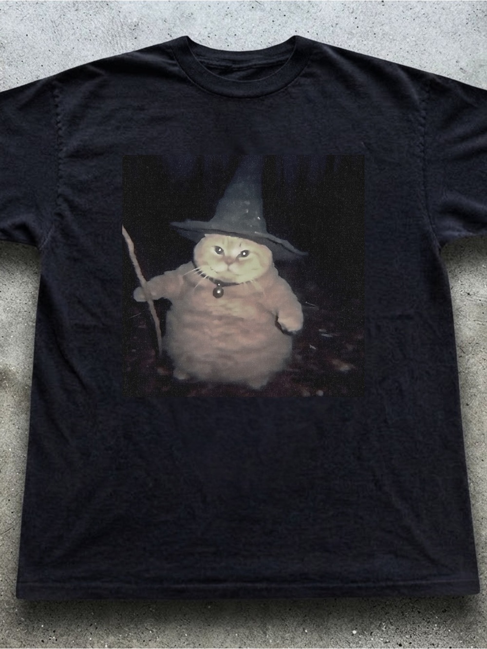 Black Tee with Hogwarts Wizard Cat Graphic